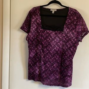 Purple dressy top with lace and rhinestones